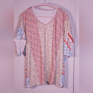 Mixed Print Leopard Patchwork Tunic Top Size 2X Colorful Floral Cottagecore Boho